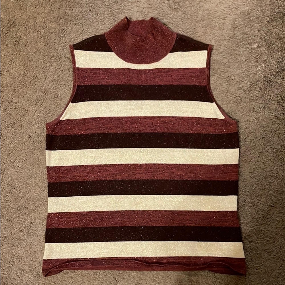 Kathie Lee Collection Burgundy and Cream Striped Sleeveless Turtleneck